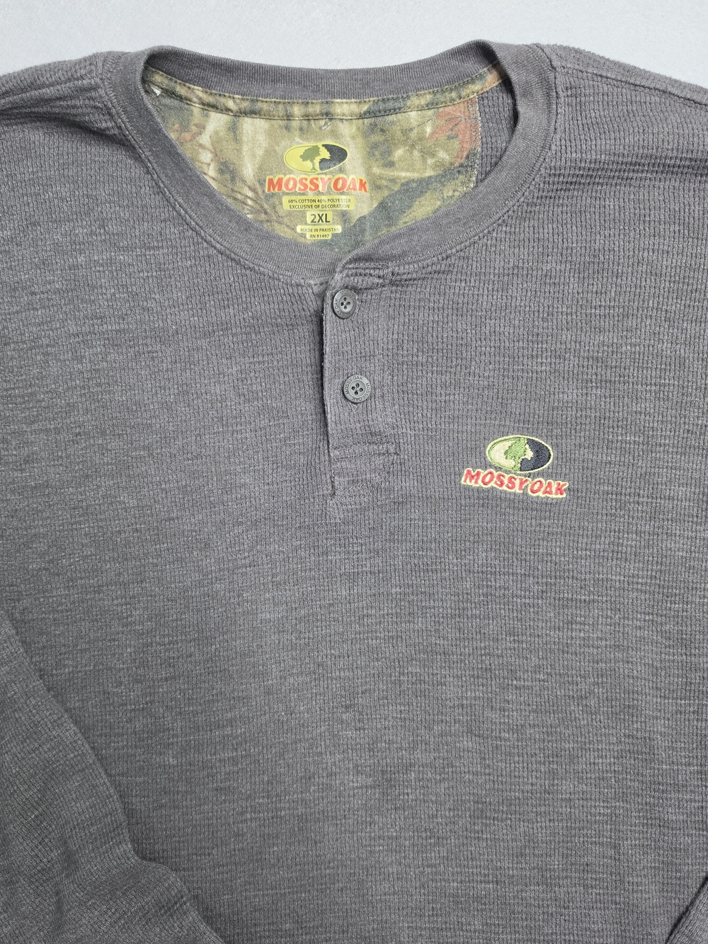 Mossy Oak Henley Shirt Mens 2XL Brown Thermal Waffle Knit Outdoor